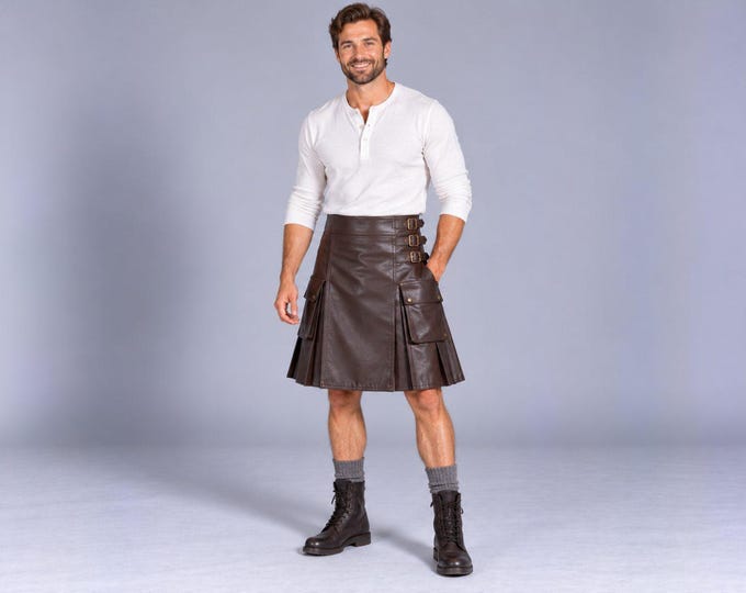 Men's Brown Leather Kilt, Box Pleated Utility Kilt with Buckle Straps and Cargo Pockets