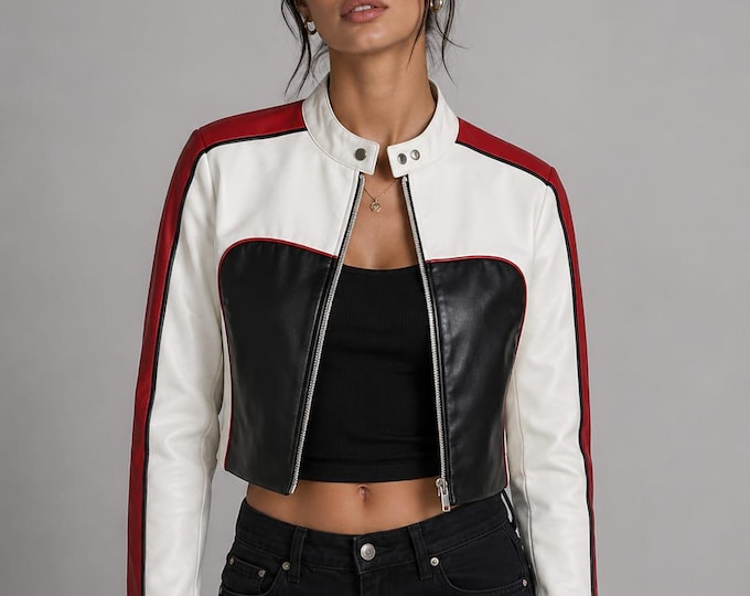 Women's White Leather Racing Jacket – Cropped Red Trim Moto Coat, Handmade Gift for Her