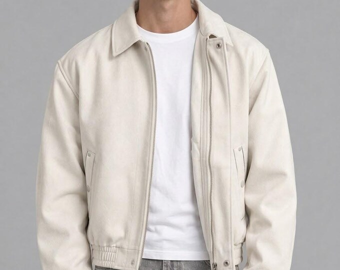 Men's Cream Leather Harrington Jacket – Off White Casual Bomber Coat, Gift for Him