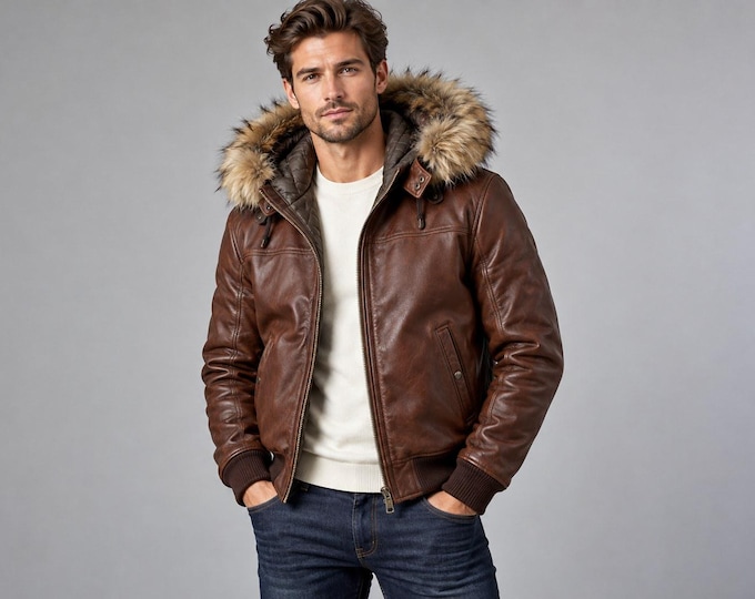 Men's Brown Lambskin Bomber Jacket with Detachable Faux Fur Hood, Winter Coat