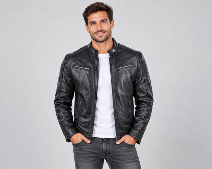 Men's Black Lambskin Cafe Racer Jacket, Quilted Shoulder Moto Leather Jacket, Gift for Him