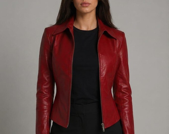 Women's Red Lambskin Leather Moto Jacket – Slim Fit Handmade Biker Motorcycle Outerwear