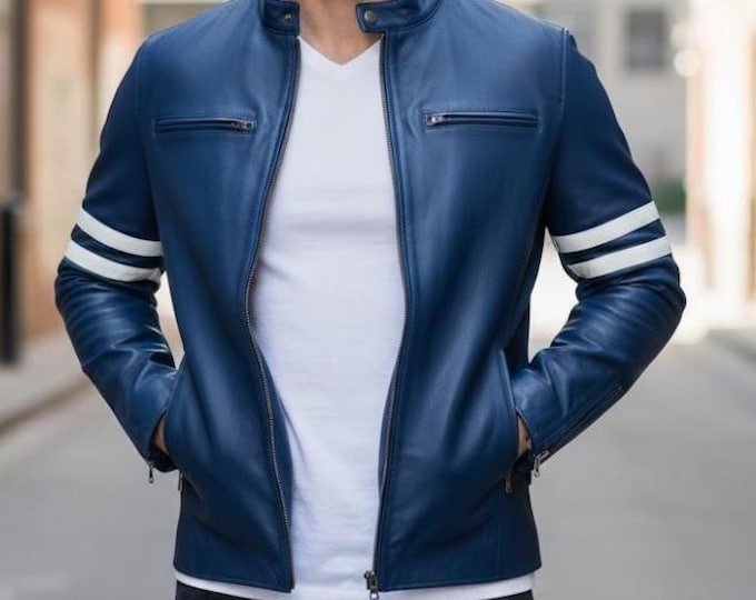Men's Blue Leather Cafe Racer Jacket – White Stripe Sleeve Moto Coat, Gift for Him