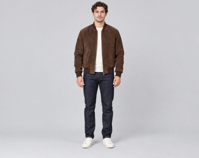 Men's Brown Suede Bomber Jacket, Chocolate Flight Coat with Rib Knit Collar