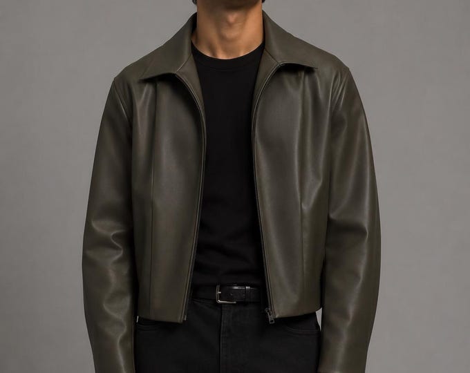 Men's Olive Green Lambskin Harrington Jacket – Casual Zip Leather Coat, Gift for Him