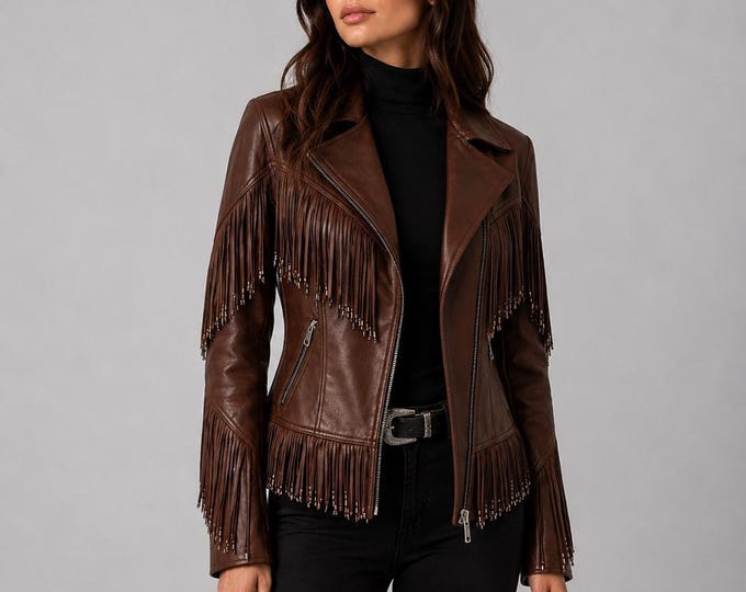 Women's Brown Leather Fringe Biker Jacket – Western Cowgirl Moto Coat, Gift for Her