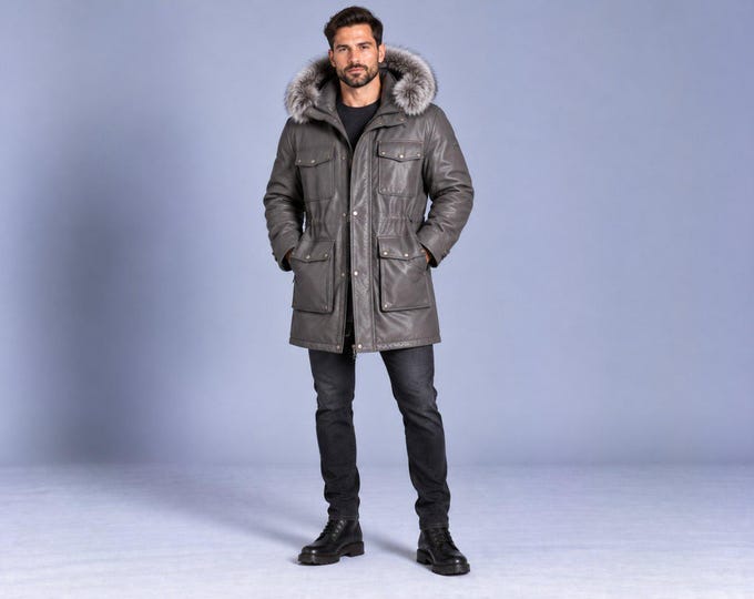Men's Grey Leather Parka, Faux Fur Hood Long Winter Coat, Gift for Him