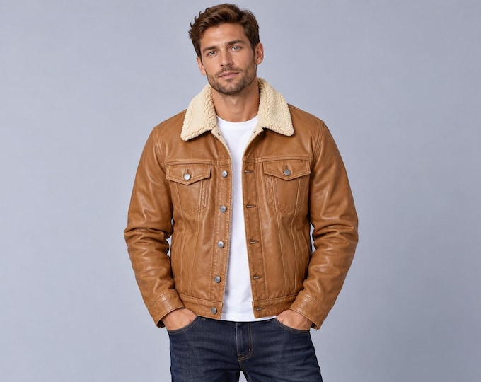 Men's Tan Leather Trucker Jacket, Faux Fur Collar Sherpa Lined Winter Coat
