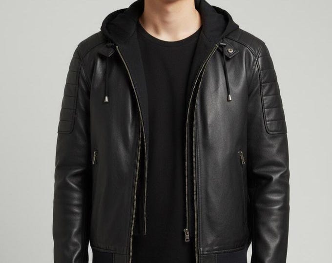 Men's Black Hooded Leather Jacket – Layered Hood Moto Coat, Streetwear Gift for Him