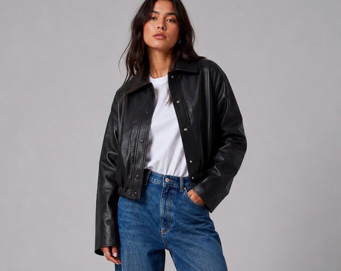 Women's Black Lambskin Harrington Jacket – Relaxed Boyfriend Fit Coat, Gift for Her