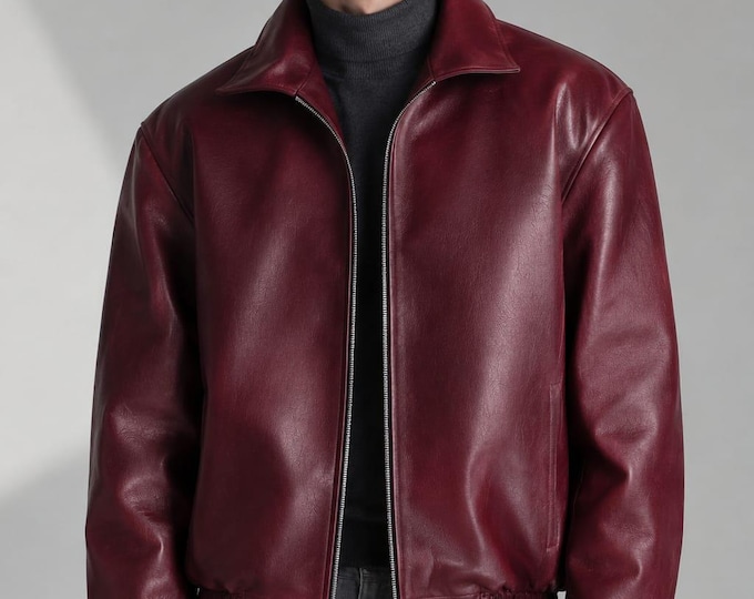 Men's Maroon Genuine Leather Bomber Jacket – Slim Fit Vintage Motorcycle Coat Outerwear