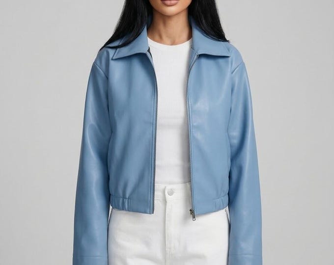 Women's Blue Leather Harrington Jacket – Casual Bomber Coat, Handmade Gift for Her