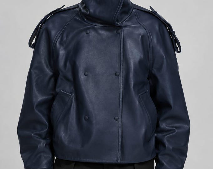 Men's Navy Real Leather Military Jacket – Slim Fit Double Breasted Moto Outerwear