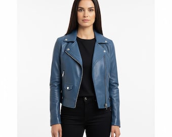 Handgemaakt blauw lamsleren bikerjack | Slim-fit motorjack dames