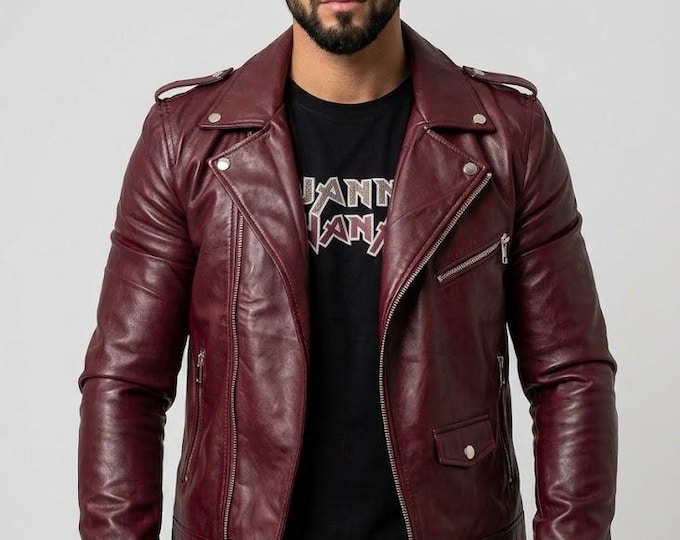 Men's Maroon Lambskin Leather Biker Jacket – Slim Fit Genuine Handmade Motorcycle Coat