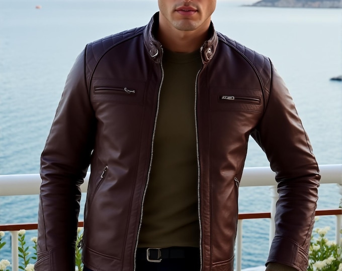 Men's Retro Dark Brown Leather Biker Jacket – Distressed Zip Pocket Racer, Gift for Him