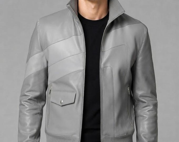 Men's Silver Nappa Leather Bomber Jacket – Slim Fit Motorcycle Riding Coat Outerwear