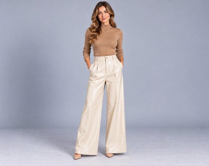 Women's Cream Leather Wide Leg Pants, High Waist Lambskin Trousers, Gift for Her