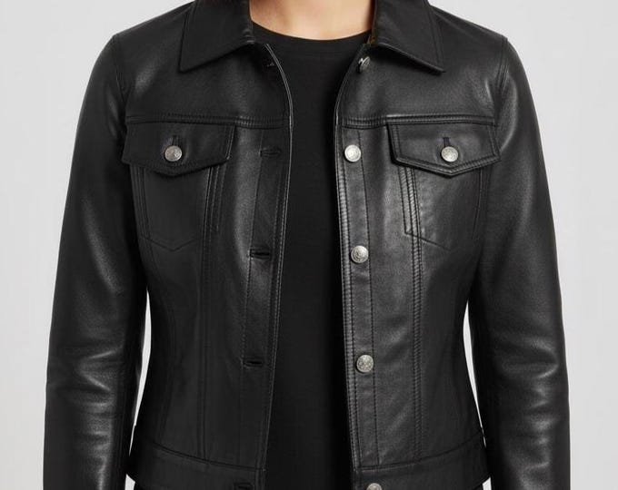 Women's Black Leather Trucker Jacket – Button Front Denim Style Coat, Gift for Her