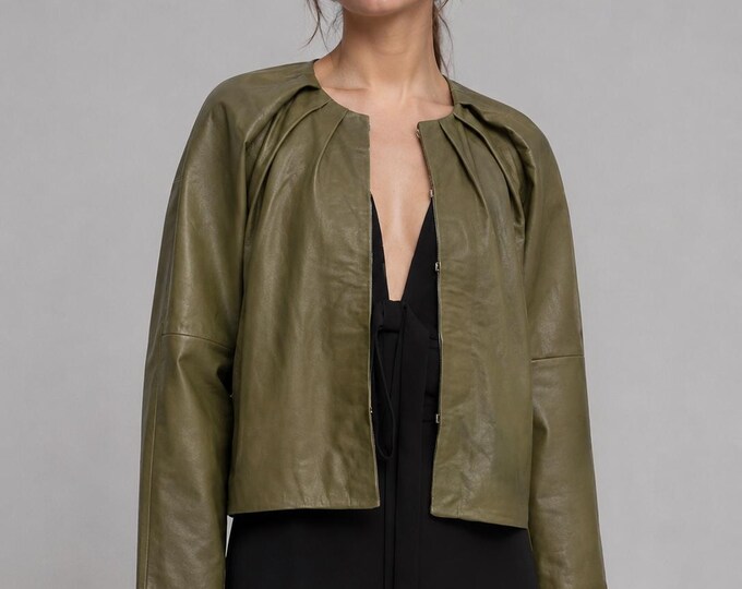 Women's Olive Green Lambskin Cropped Jacket – Collarless Open Front, Gift for Her