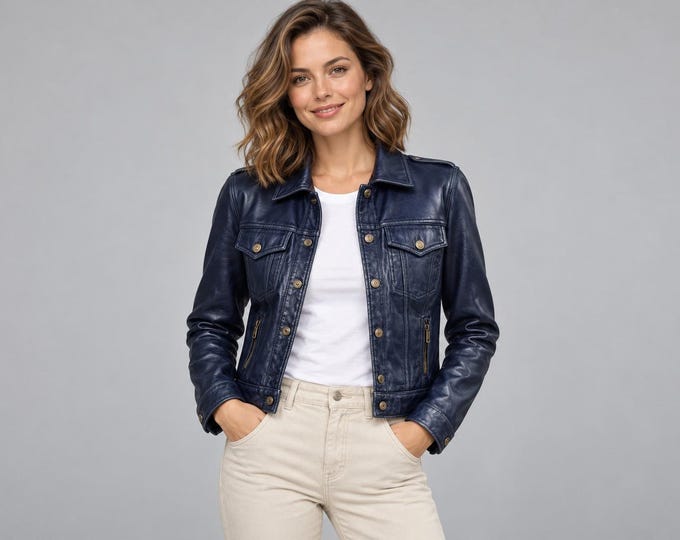 Women's Navy Leather Trucker Jacket, Cropped Lambskin Denim Style Jacket, Handmade Gift for Her