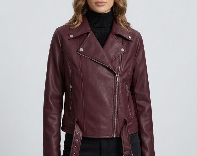 Women's Burgundy Real Leather Biker Jacket Handmade Slim Fit Motorcycle Moto Coat