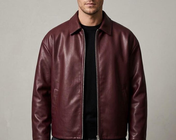 Men's Maroon Lambskin Leather Bomber Jacket – Slim Fit Genuine Handmade Casual Coat