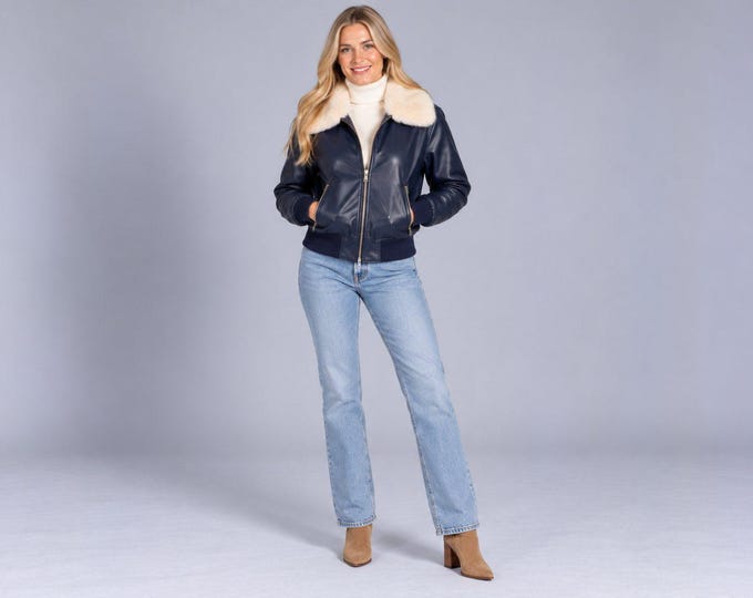 Women's Navy Leather Bomber Jacket, Faux Fur Collar Lambskin Winter Jacket for Her