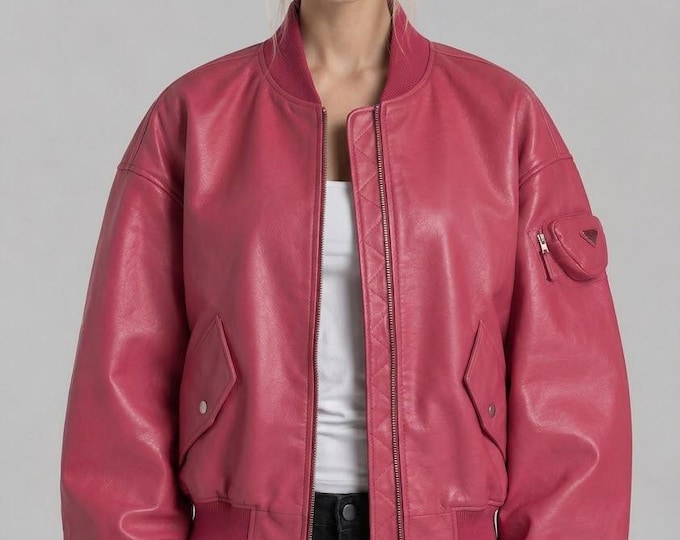 Women's Pink Leather Bomber Jacket – Oversized Flight Coat with Sleeve Pocket, Gift for Her