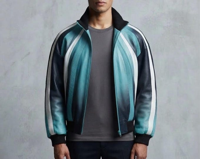 Men's Blue Leather Racing Bomber Jacket – Metallic Teal Striped Track Coat, Gift for Him