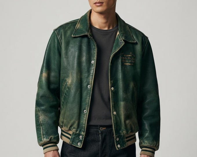 Men's Green Leather Bomber Jacket – Utility Vintage Streetwear Coat, Handmade Gift for Him
