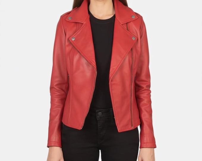 Women's Red Lambskin Leather Biker Jacket – Asymmetric Zip Classic Moto Coat, Gift for Her