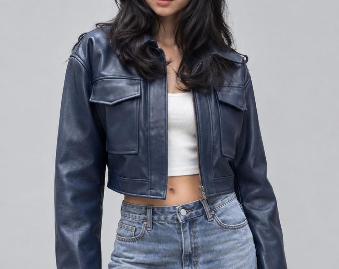 Women's Blue Lambskin Leather Crop Jacket – Slim Fit Genuine Handmade Short Coat