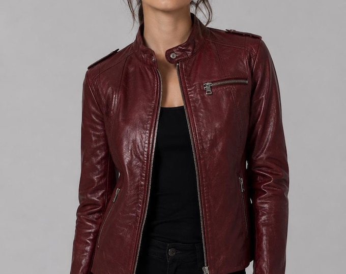 Women's Maroon Lambskin Cafe Racer Jacket – Stand Collar Slim Moto, Gift for Her