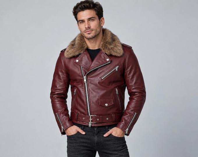 Men's Burgundy Leather Biker Jacket, Faux Fur Collar Winter Coat, Gift for Him