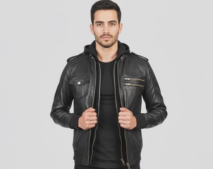 Men's Black Lambskin Hooded Bomber Jacket – Zip Chest Pockets, Streetwear Gift for Him