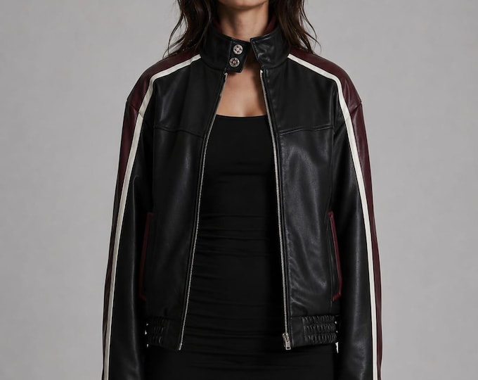 Women's Black Striped Lambskin Racer Jacket – Vintage Moto Two-Tone, Gift for Her