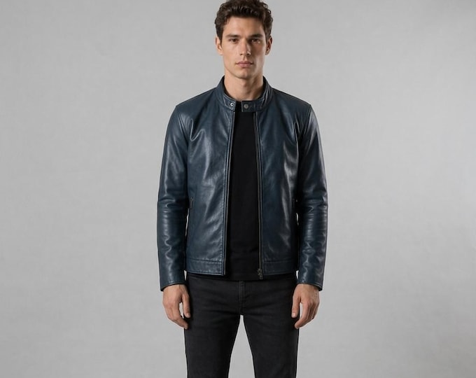 Men's Navy Blue Lambskin Cafe Racer Jacket – Snap Collar Slim Moto, Gift for Him