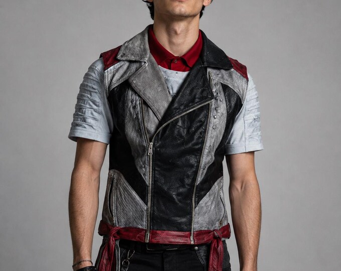 Men's Black Gray Red Leather Biker Vest – Colorblock Asymmetric Zip Waistcoat, Gift for Him