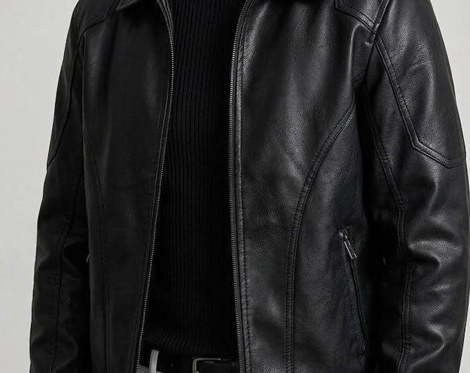 Men's Black Leather Motorcycle Jacket – Panel Riding Biker Coat, Handmade Gift for Him