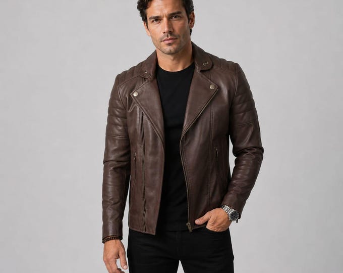 Men's Brown Lambskin Biker Jacket – Quilted Shoulder Asymmetric Moto, Gift for Him