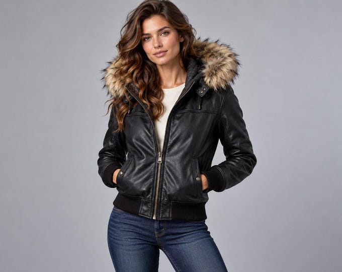 Women's Black Lambskin Bomber Jacket with Faux Fur Hood, Winter Coat Gift