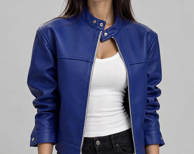 Women's Blue Leather Cafe Racer Jacket – Stand Collar Moto Coat, Handmade Gift for Her