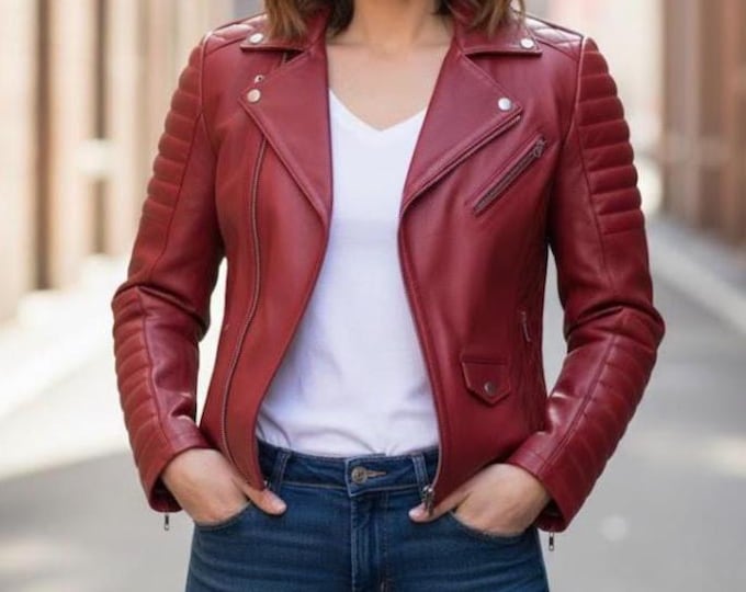 Women's Red Padded Leather Biker Jacket – Asymmetric Zip Moto Coat, Handmade Gift for Her