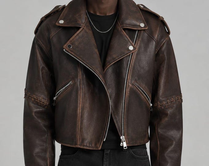 Men's Brown Leather Motorcycle Jacket – High Collar Asymmetric Zip Biker Coat, Gift for Him
