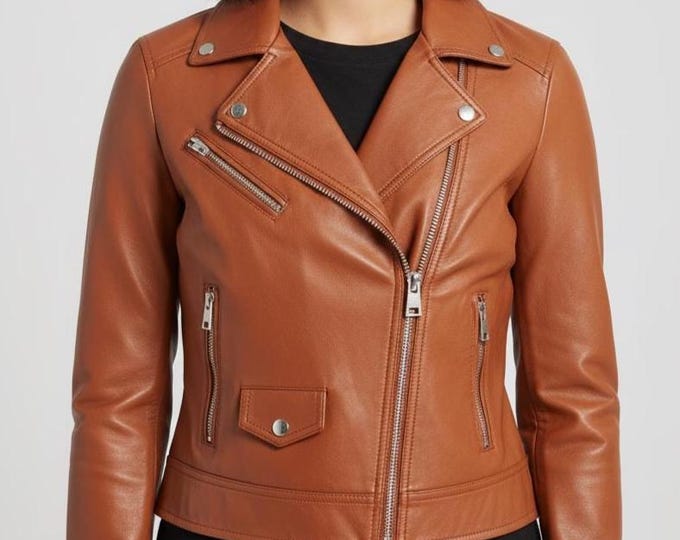Women's Tan Brown Leather Biker Jacket – Asymmetric Zip Flap Pocket Moto, Gift for Her