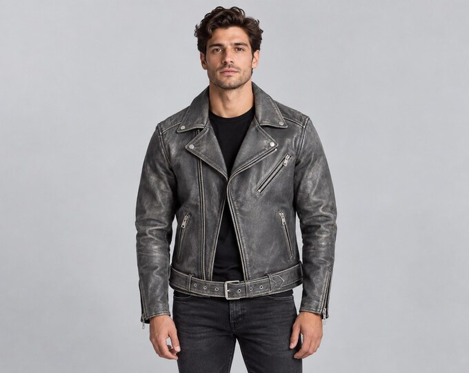 Men's Grey Distressed Leather Biker Jacket, Belted Lambskin Moto Coat with Asymmetric Zip