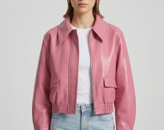 Women's Pink Lambskin Leather Bomber Jacket – Slim Fit Casual Zip Coat