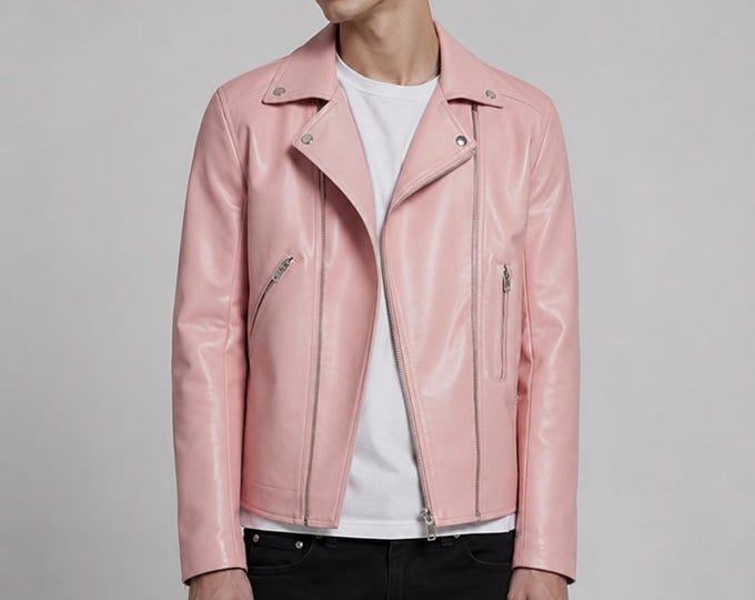 Men's Pastel Pink Lambskin Biker Jacket – Asymmetric Moto Statement Coat, Gift for Him