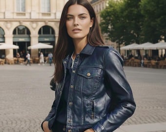 Handgefertigte Marine Schaffell Lederjacke - Denim Style Motorradmantel